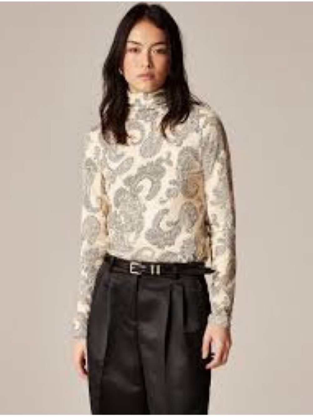 J.Crew dark Cream and black Paisley Feather Jersey Turtleneck NWT